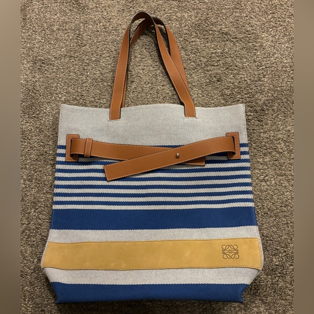 Authentic‎ Loewe Leather and Suede-Trimmed Striped Canvas Tote Bag - Blue
